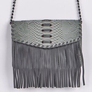 Animal Print Embossed W/ Fringe /Tassel Crossbody Bag - Boho Style - Gray - NWT